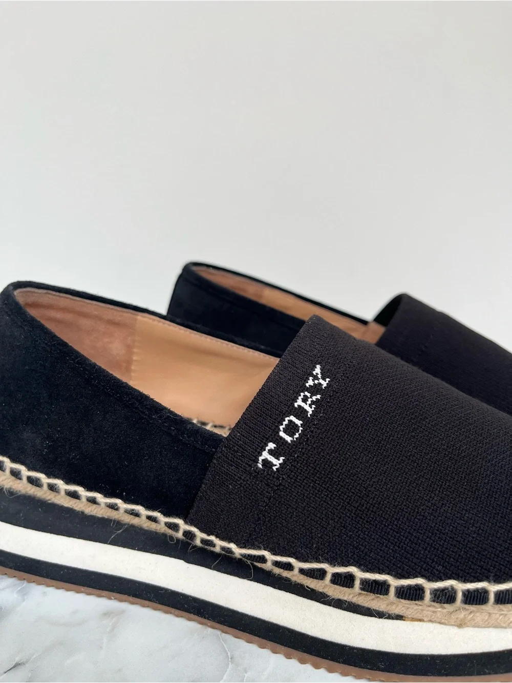 TORY BURCH Suede Leather Espadrille Daisy Black Slip On Trainers Sneakers 9